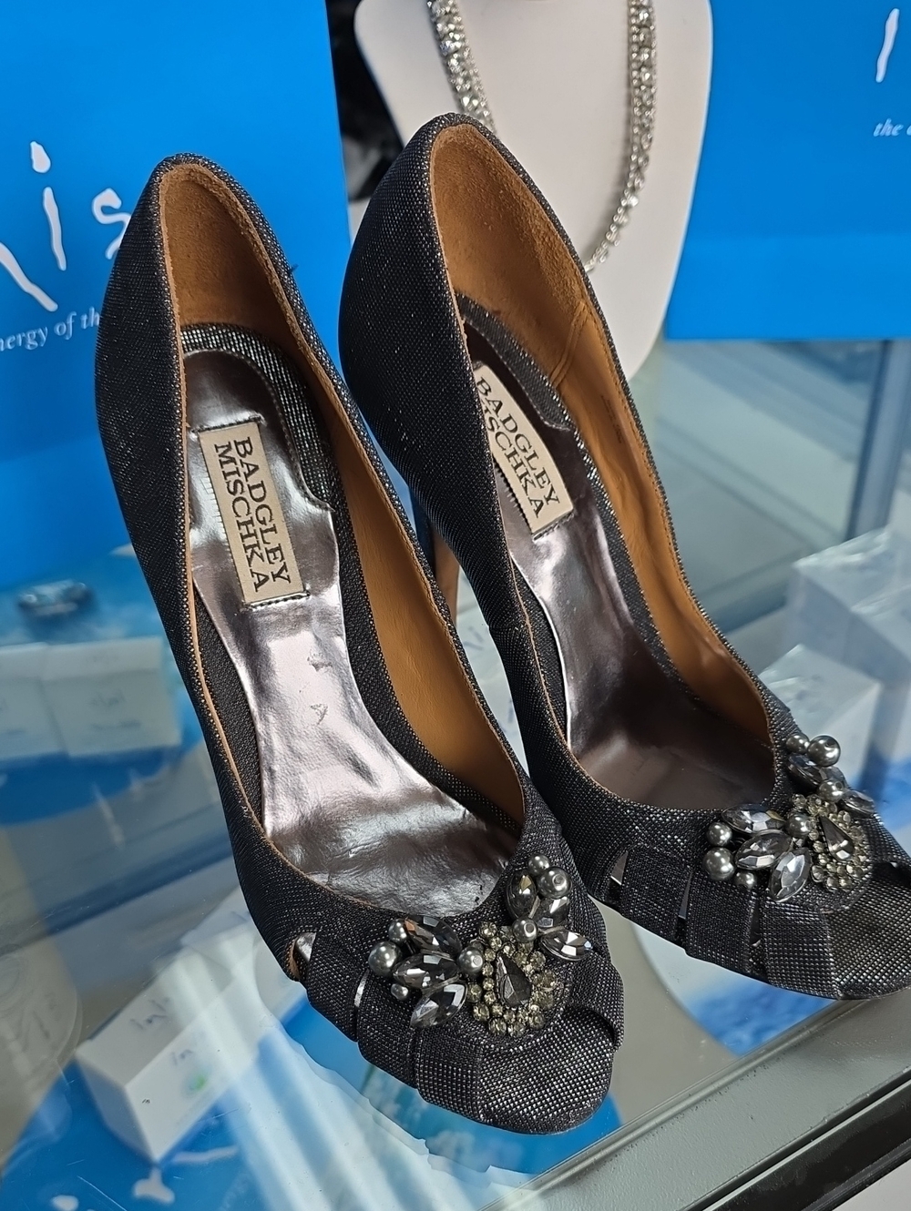 Badgley Mischka Black Jeweled Peep-Toe Pumps Size 7